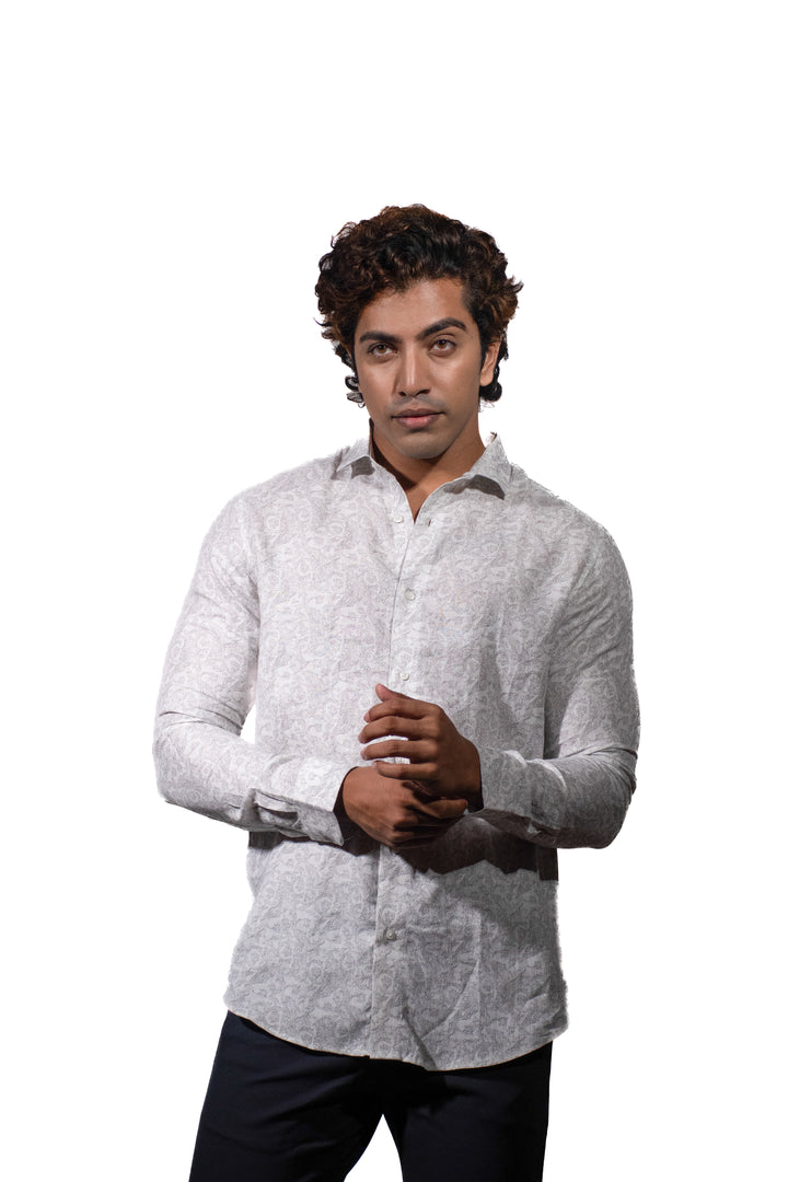 Silver Jacquard Linen Long Sleeve Shirt