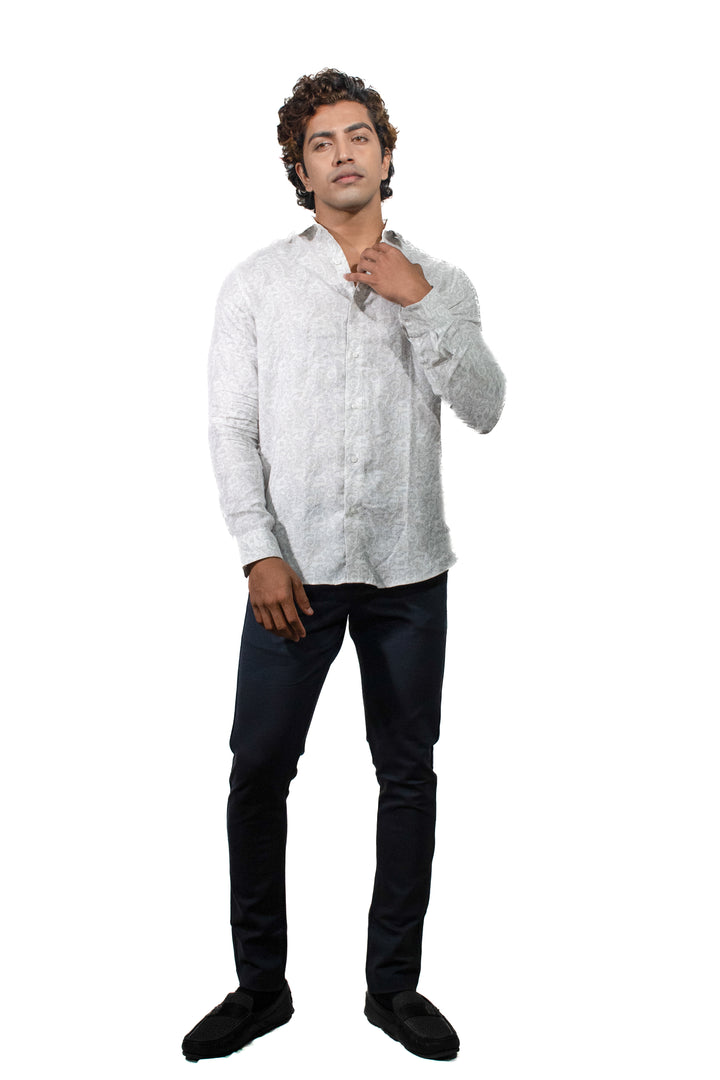 Silver Jacquard Linen Long Sleeve Shirt