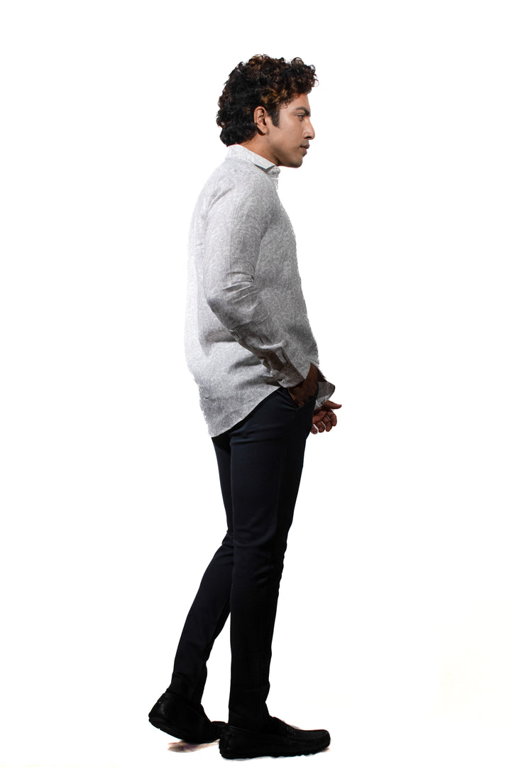 Silver Jacquard Linen Long Sleeve Shirt