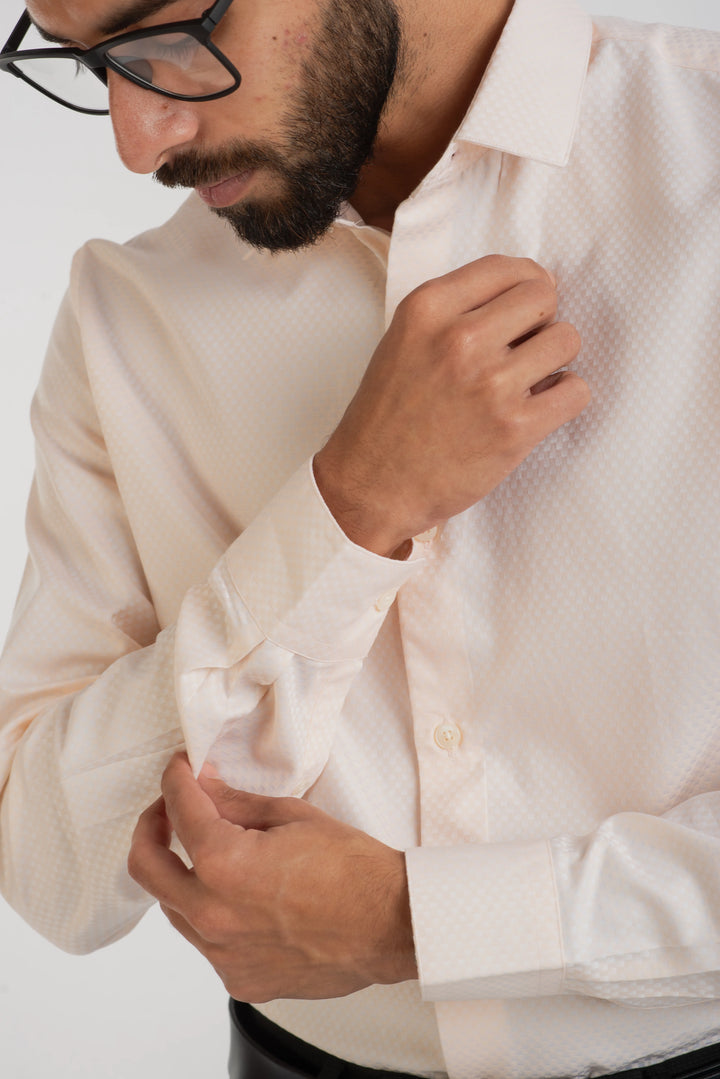 Giza Cotton Peach Textured Long Sleeve Shirt for Mens