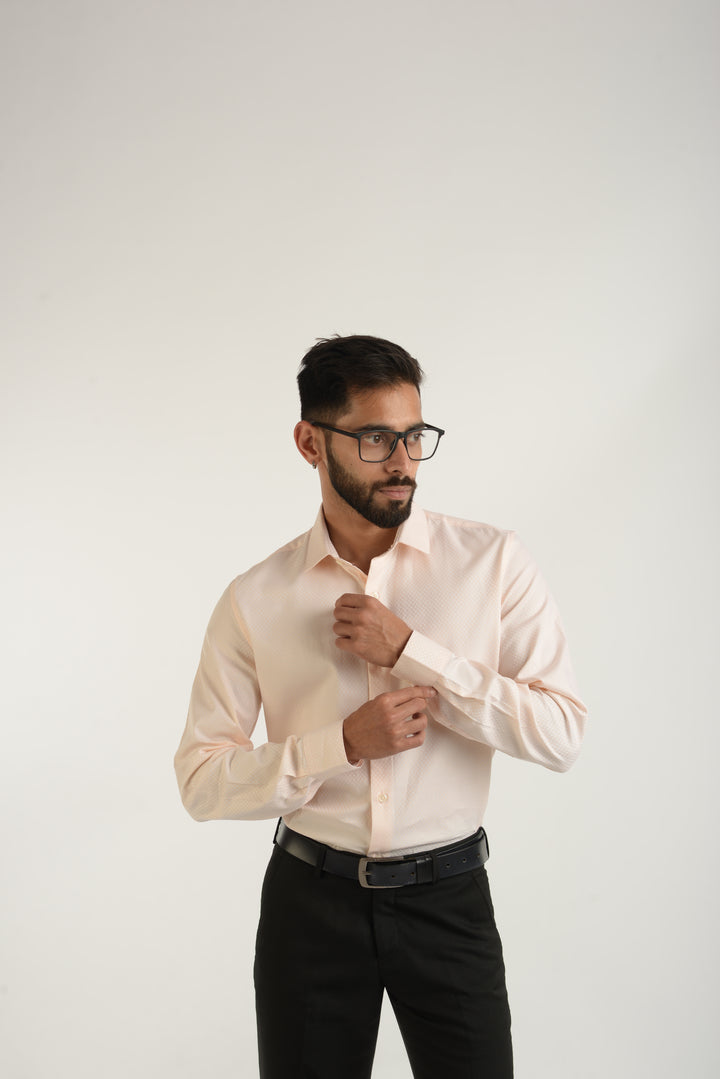 Giza Cotton Peach Textured Long Sleeve Shirt for Mens