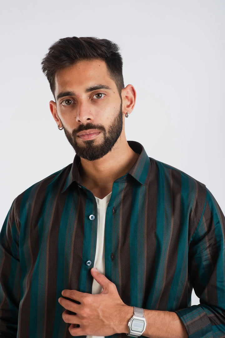Giza Cotton Stripe Textured Long Sleeve Shirt for Men