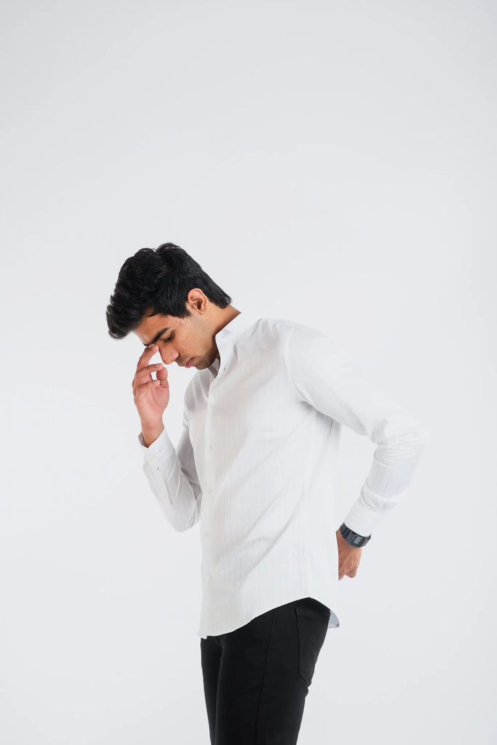 Giza Cotton White Stripe Long Sleeve Stripe Shirt for Men