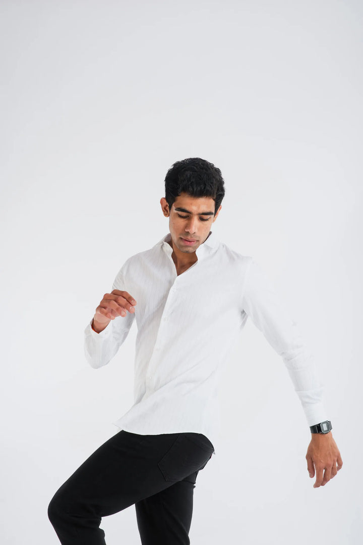 Giza Cotton White Stripe Long Sleeve Stripe Shirt for Men