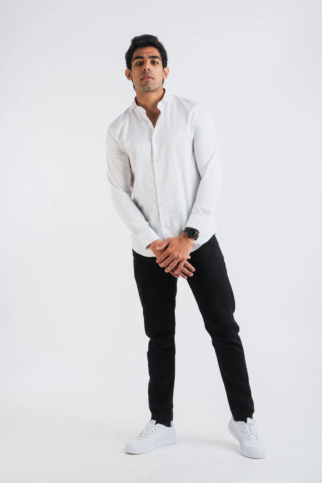 Giza Cotton White Stripe Long Sleeve Stripe Shirt for Men