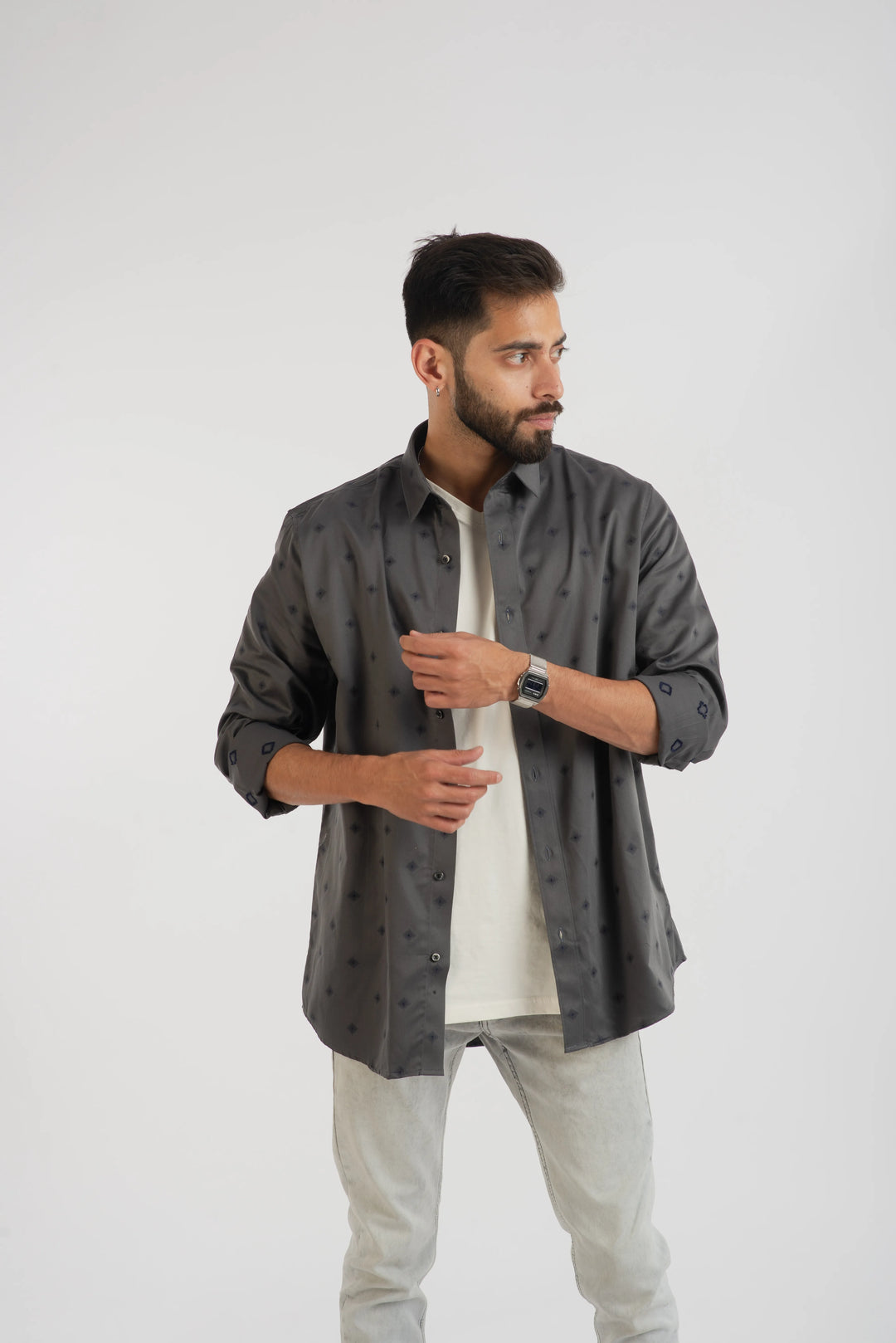 Giza Cotton Grey Geometric Textured Long Sleeve Shirt for Men