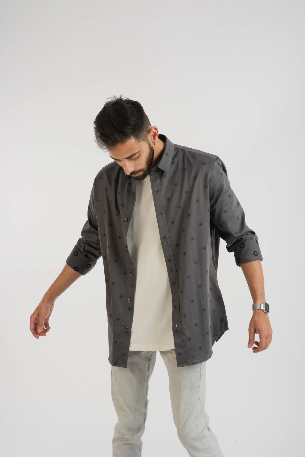 Giza Cotton Grey Geometric Textured Long Sleeve Shirt for Men