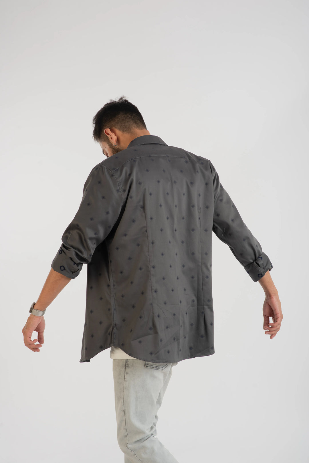 Giza Cotton Grey Geometric Textured Long Sleeve Shirt for Men