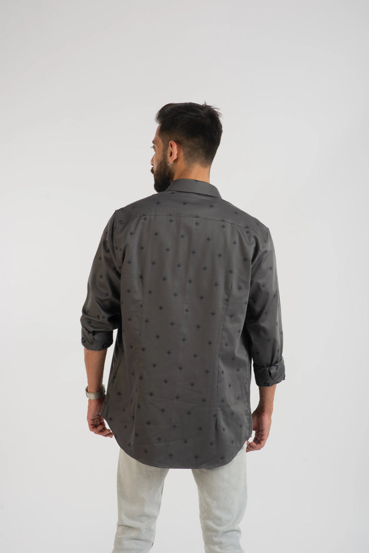 Giza Cotton Grey Geometric Textured Long Sleeve Shirt for Men