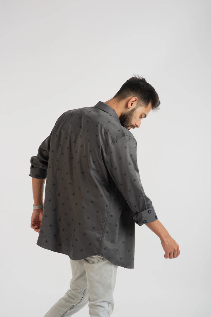 Giza Cotton Grey Geometric Textured Long Sleeve Shirt for Men