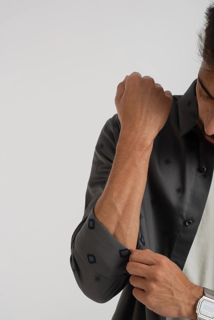 Giza Cotton Grey Geometric Textured Long Sleeve Shirt for Men