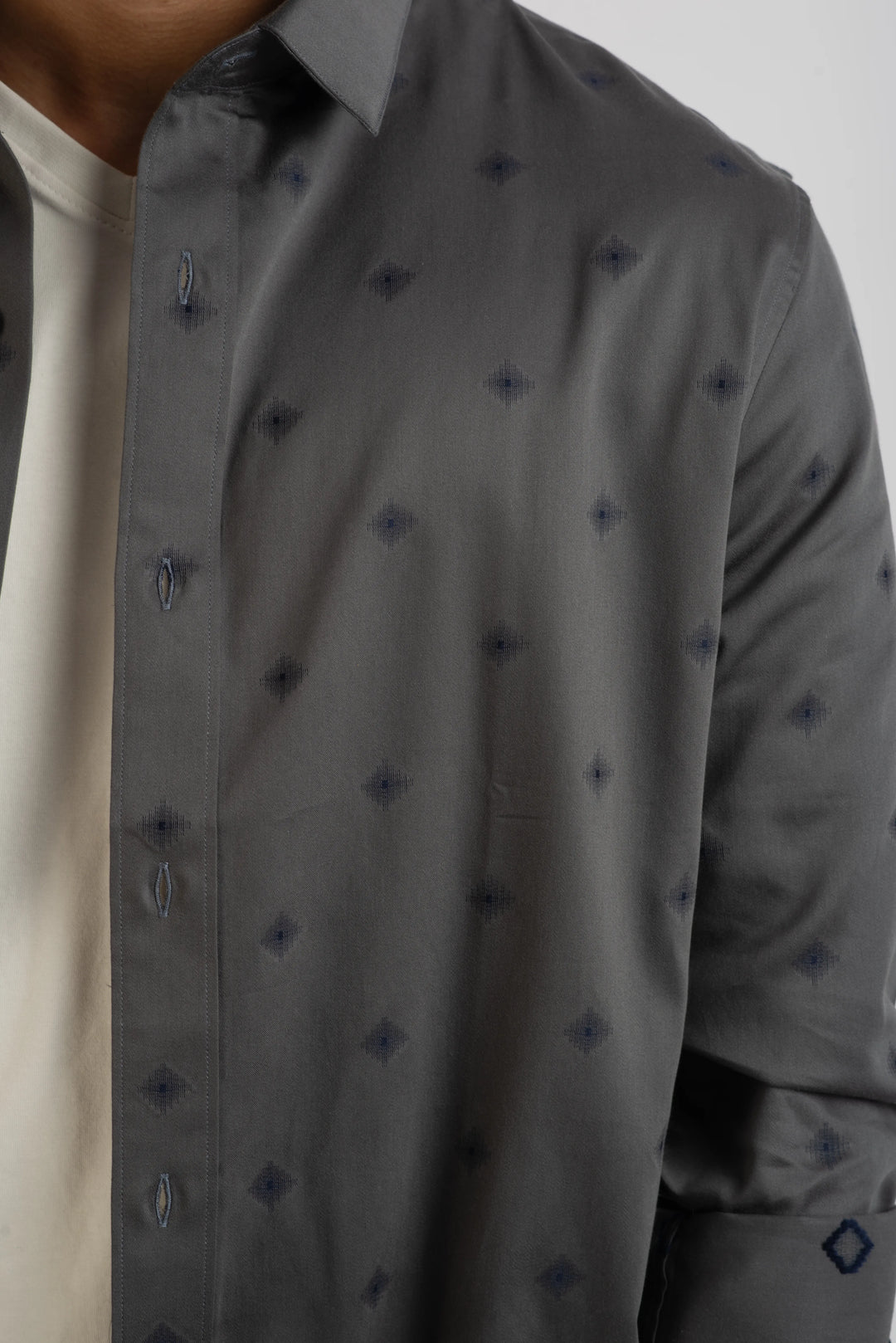 Giza Cotton Grey Geometric Textured Long Sleeve Shirt for Men