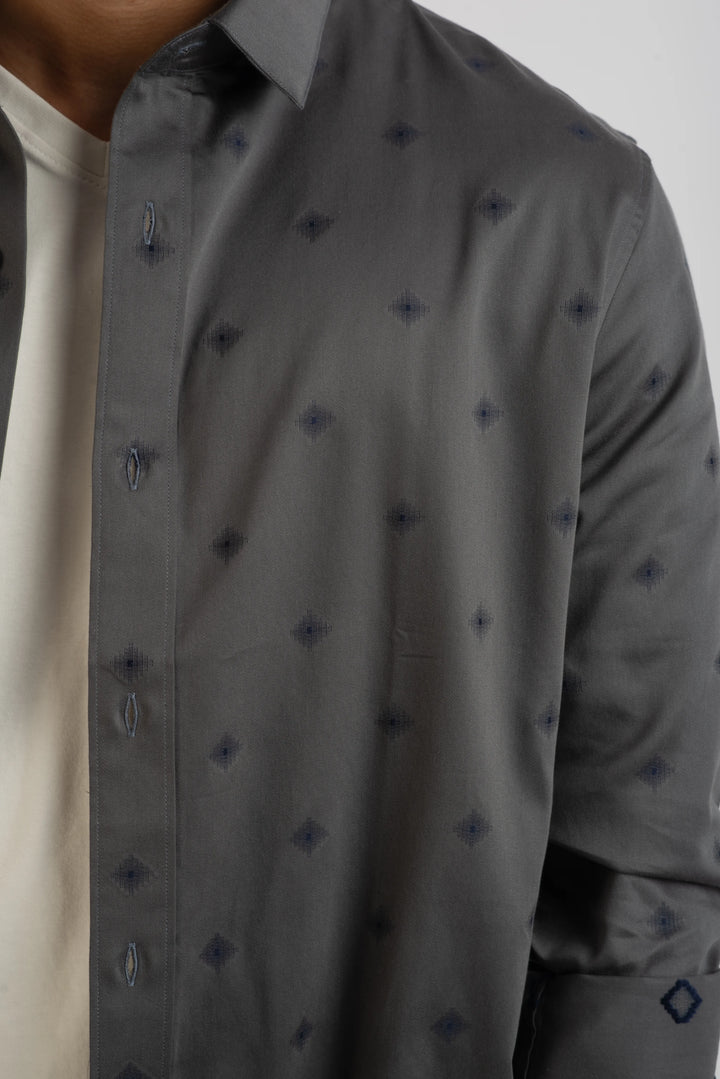 Giza Cotton Grey Geometric Textured Long Sleeve Shirt for Men