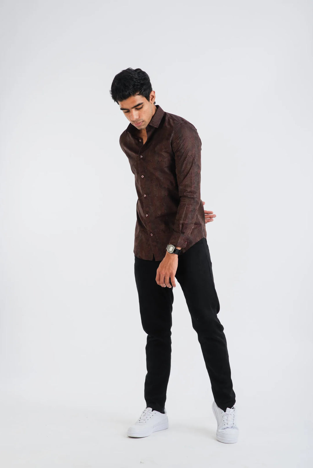 Cotton Brown Classic Textured Long Sleeve Shirt for Men