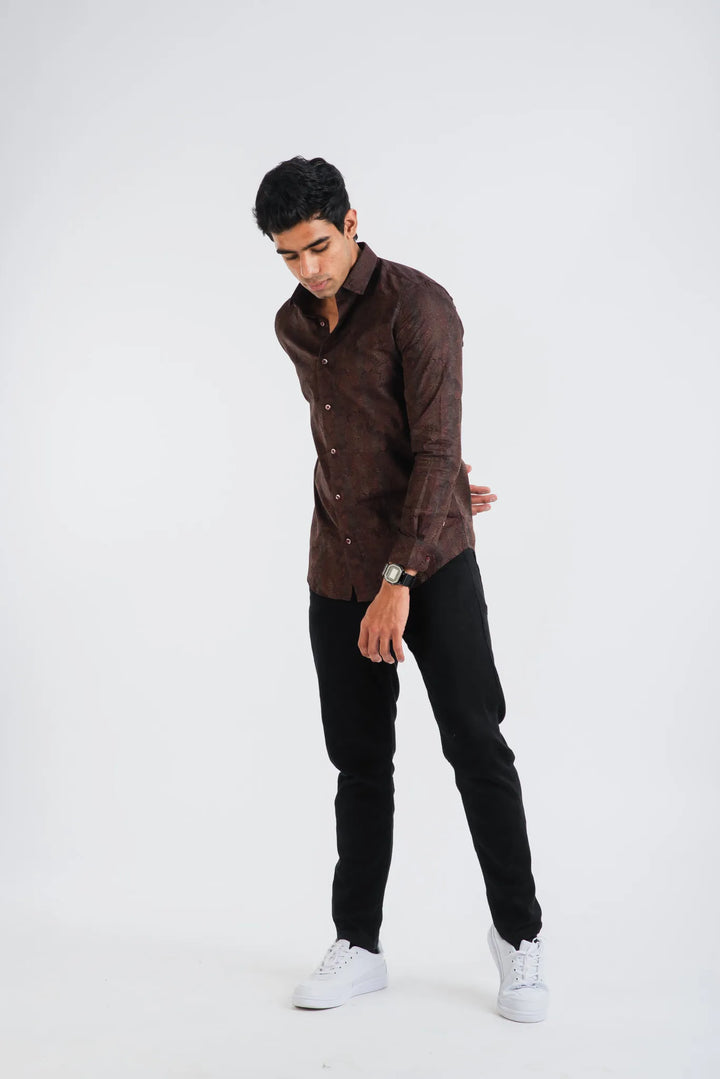 Cotton Brown Classic Textured Long Sleeve Shirt for Men