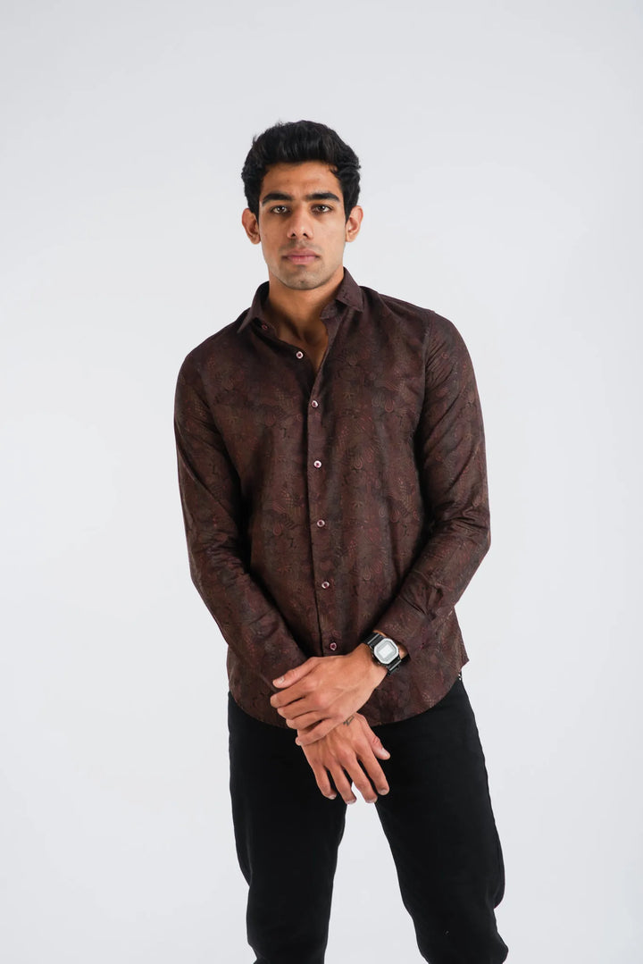 Cotton Brown Classic Textured Long Sleeve Shirt for Men