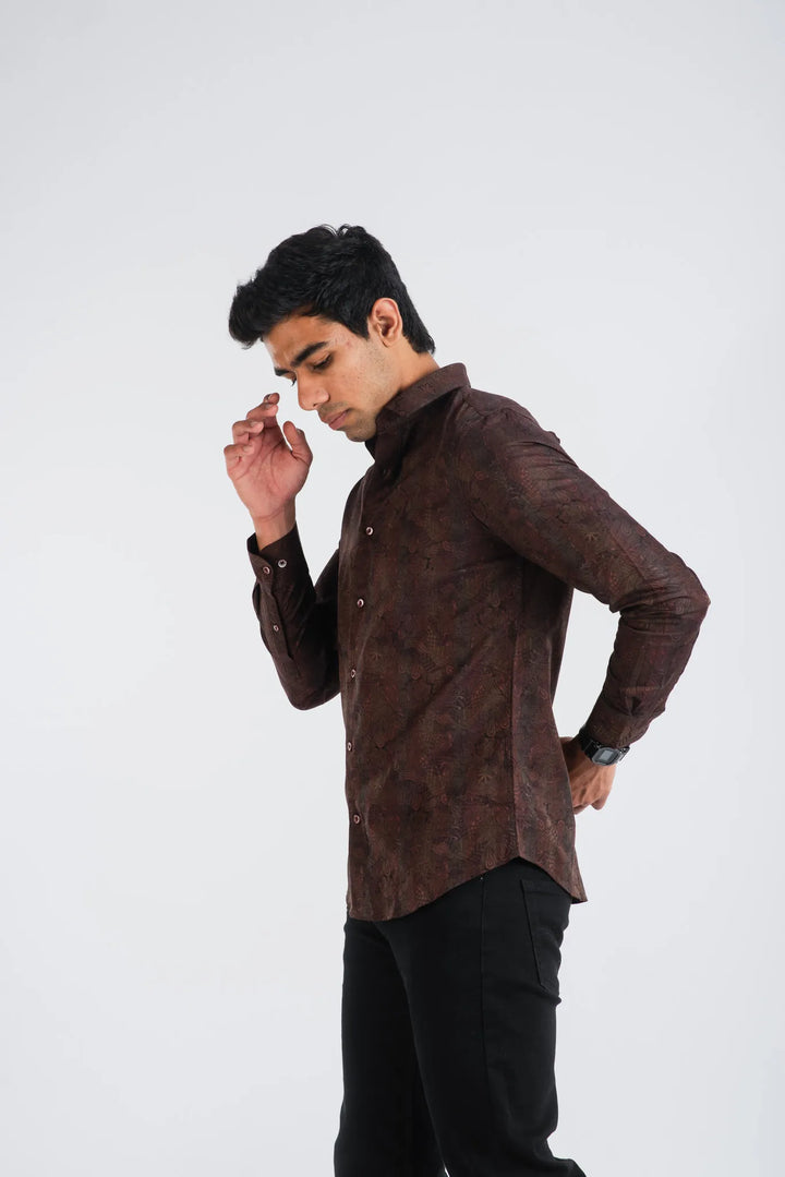 Cotton Brown Classic Textured Long Sleeve Shirt for Men