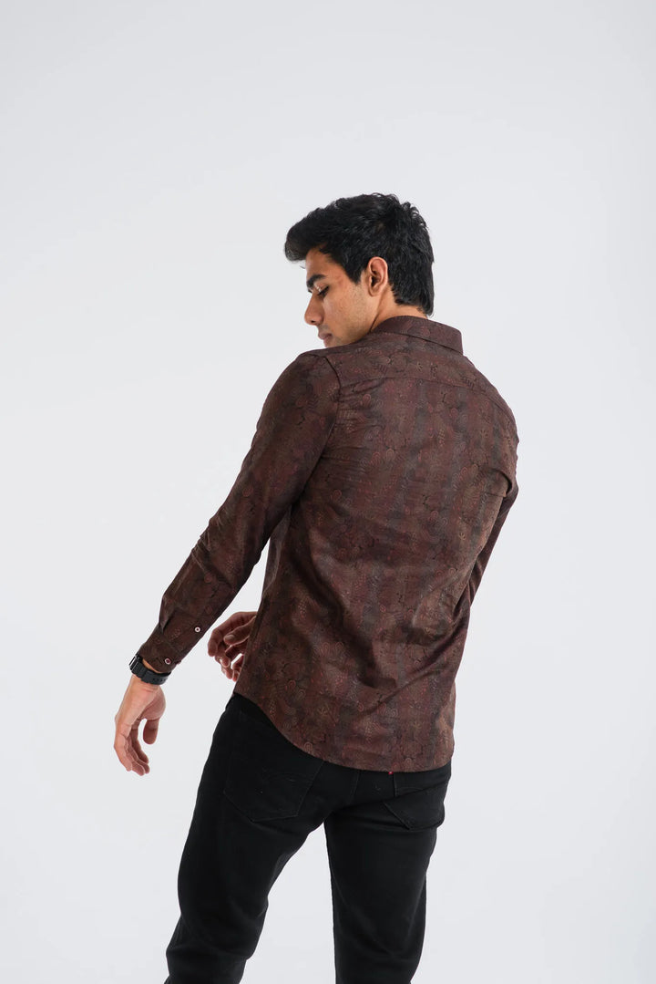 Cotton Brown Classic Textured Long Sleeve Shirt for Men