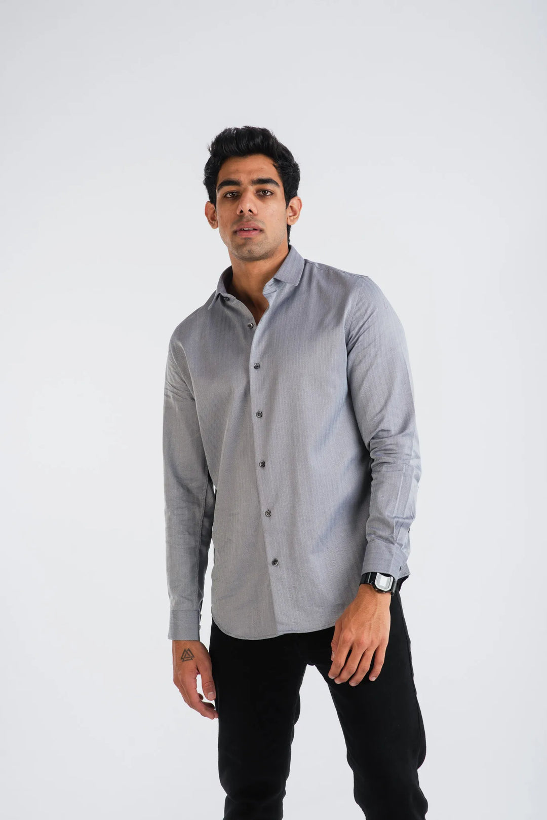 Cotton Black White H.Bone Stripe Long Sleeve Shirt for Men