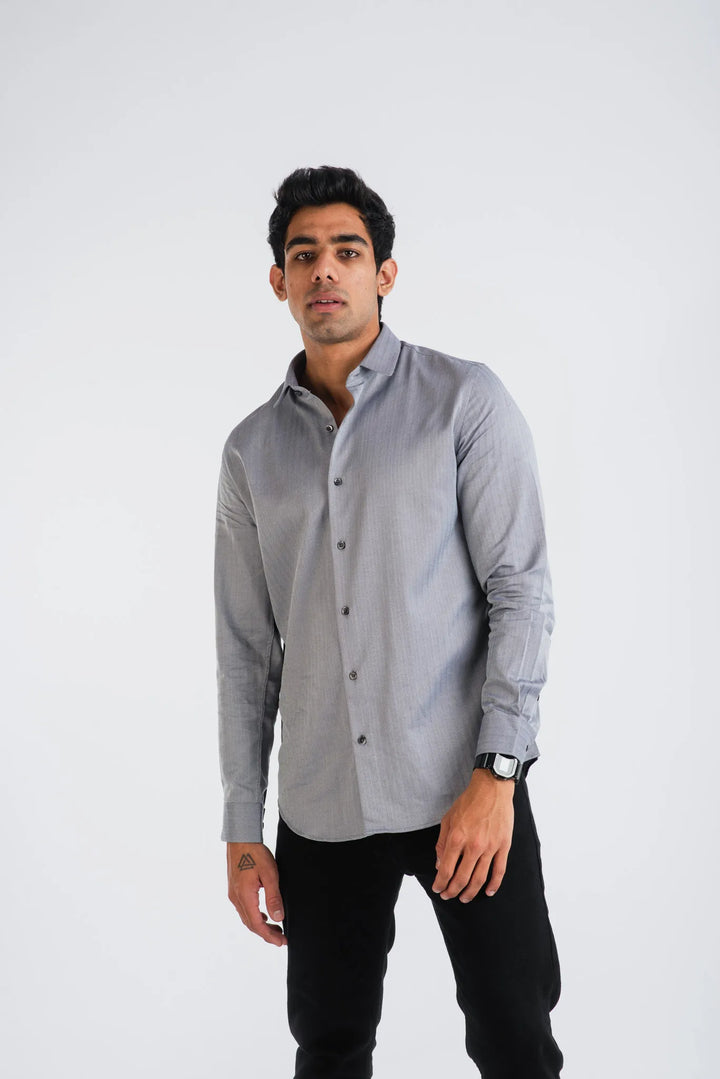 Cotton Black White H.Bone Stripe Long Sleeve Shirt for Men