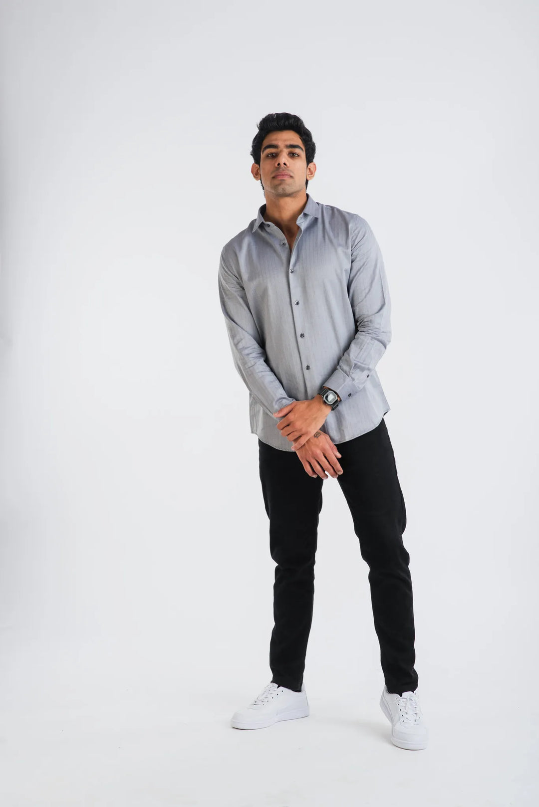 Cotton Black White H.Bone Stripe Long Sleeve Shirt
