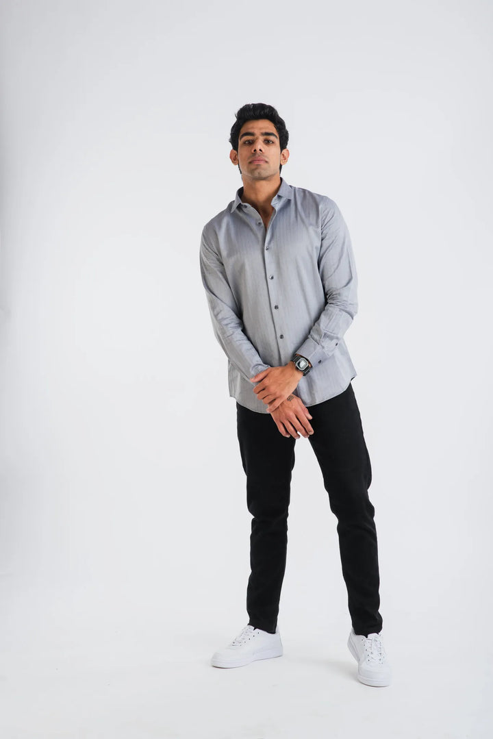 Cotton Black White H.Bone Stripe Long Sleeve Shirt