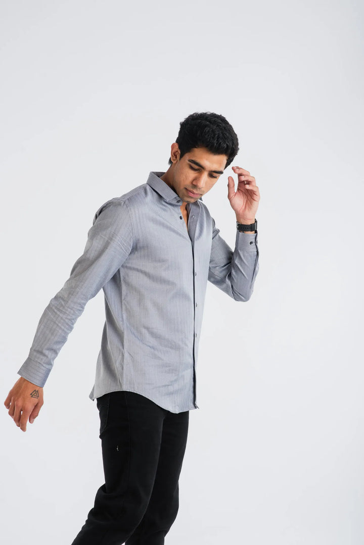 Cotton Black White H.Bone Stripe Long Sleeve Shirt for Men