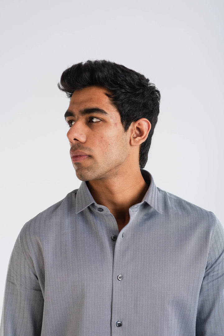 Cotton Black White H.Bone Stripe Long Sleeve Shirt for Men