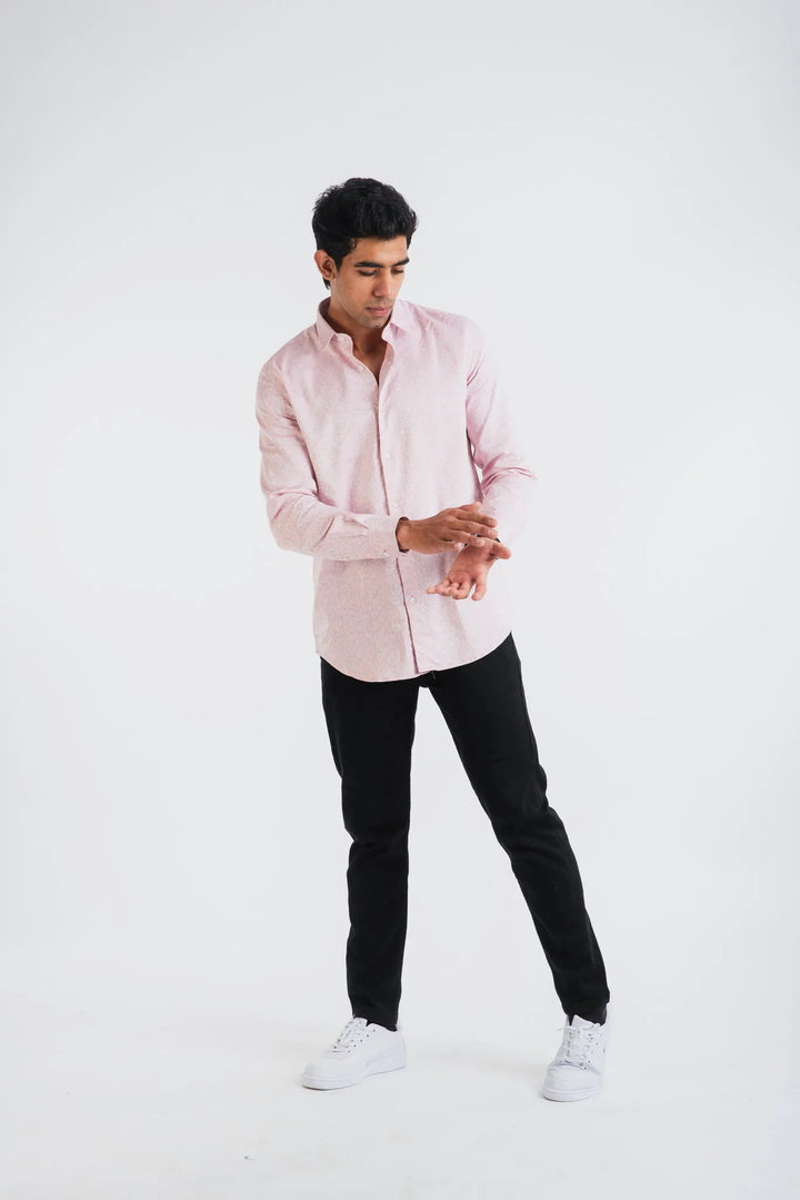 Giza Cotton Pink Textured Long Sleeve Shirt for Men