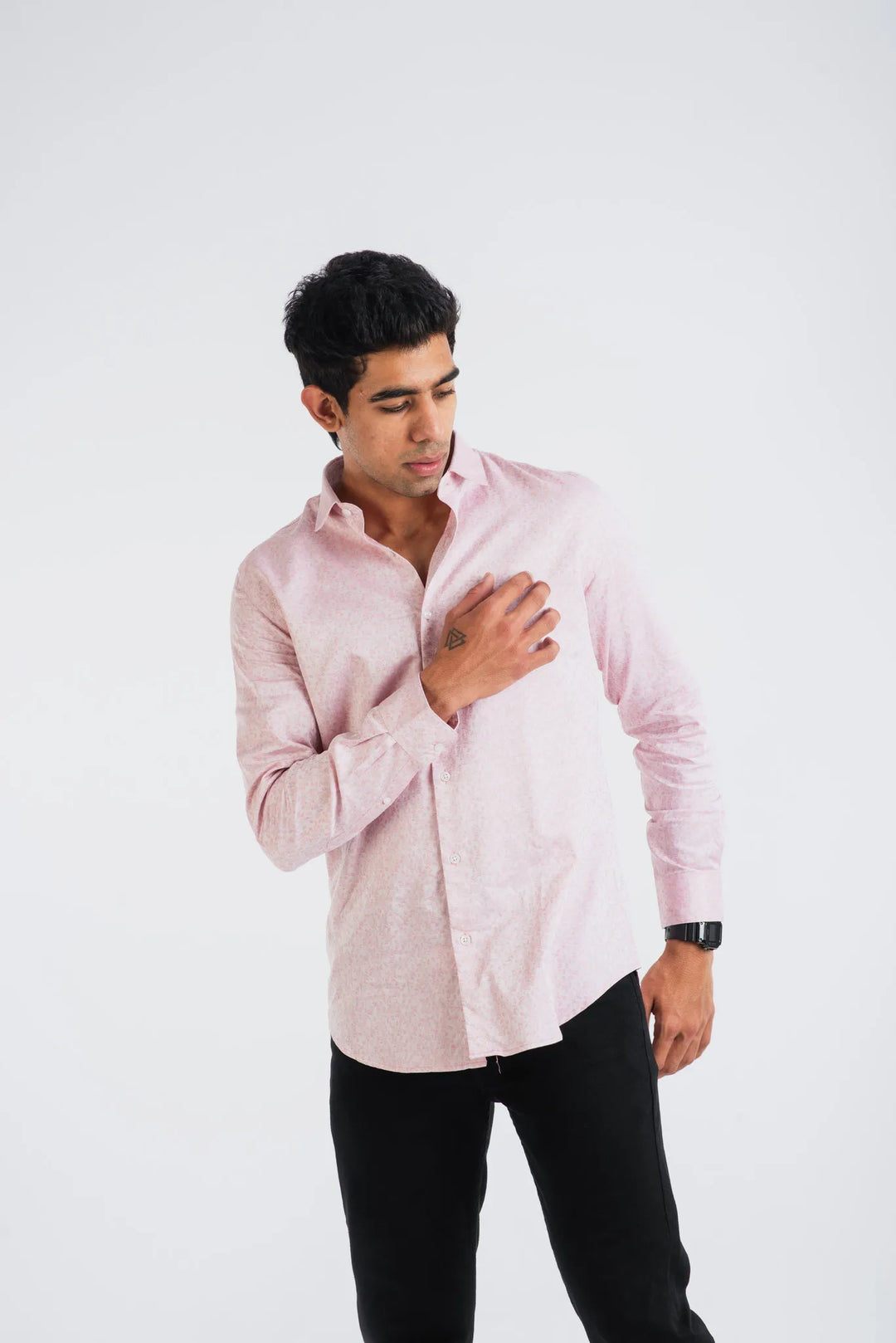 Giza Cotton Pink Textured Long Sleeve Shirt for Men