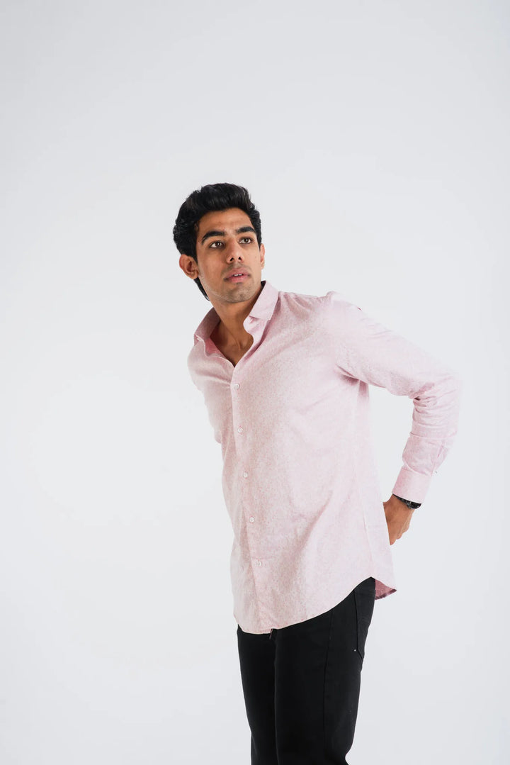 Giza Cotton Pink Textured Long Sleeve Shirt for Men