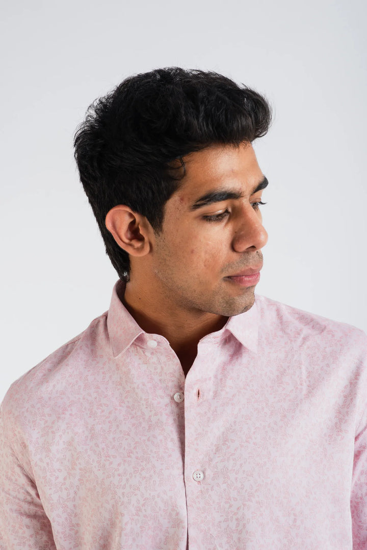 Giza Cotton Pink Textured Long Sleeve Shirt for Men