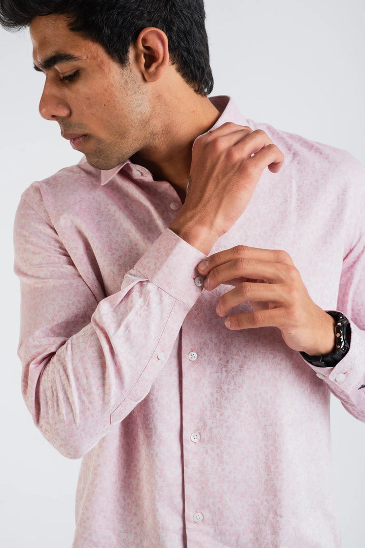 Giza Cotton Pink Textured Long Sleeve Shirt for Men