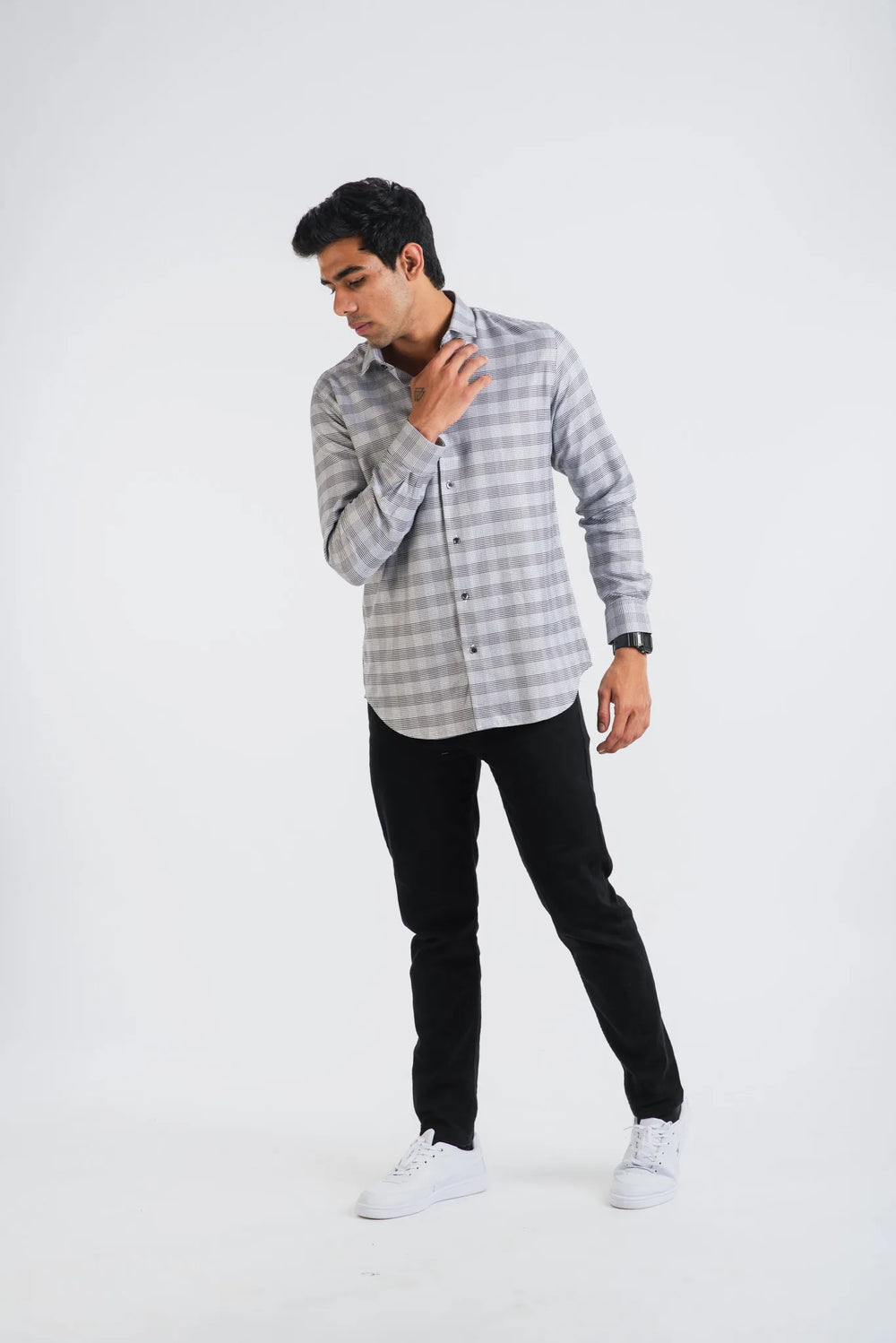 Giza Cotton Black White Birds Eye Plaid Long Sleeve Shirt for Men