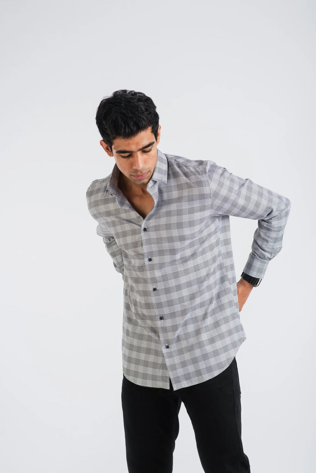 Giza Cotton Black White Birds Eye Plaid Long Sleeve Shirt for Men