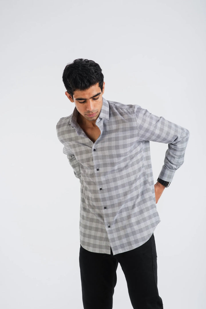 Giza Cotton Black White Birds Eye Plaid Long Sleeve Shirt for Men