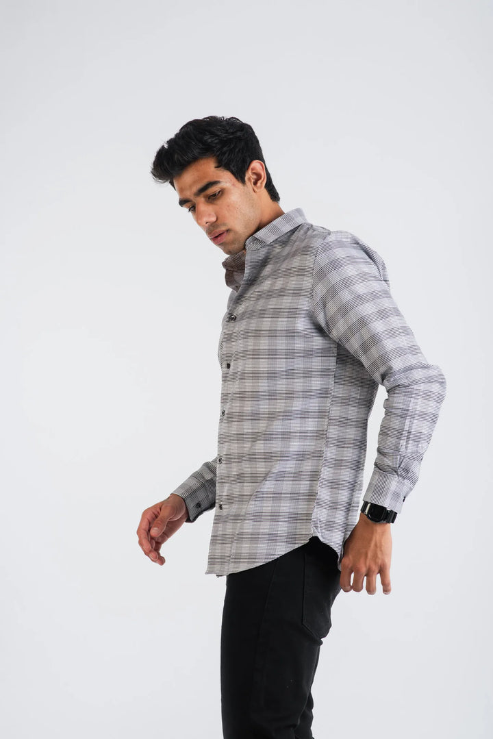 Giza Cotton Black White Birds Eye Plaid Long Sleeve Shirt for Men