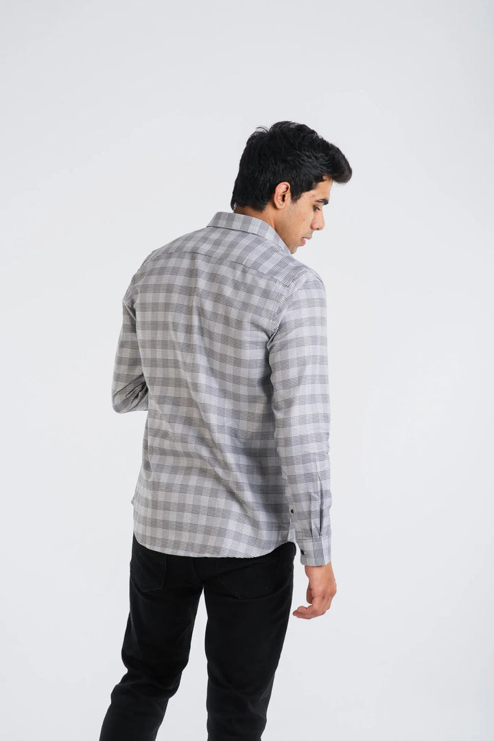 Giza Cotton Black White Birds Eye Plaid Long Sleeve Shirt for Men