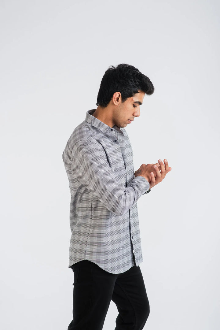 Giza Cotton Black White Birds Eye Plaid Long Sleeve Shirt for Men