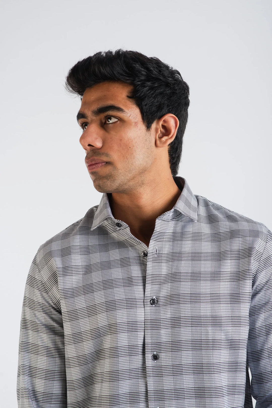 Giza Cotton Black White Birds Eye Plaid Long Sleeve Shirt for Men
