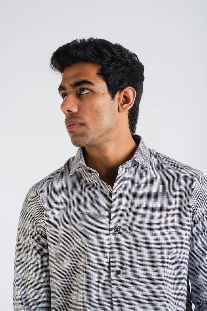 Giza Cotton Black White Birds Eye Plaid Long Sleeve Shirt for Men