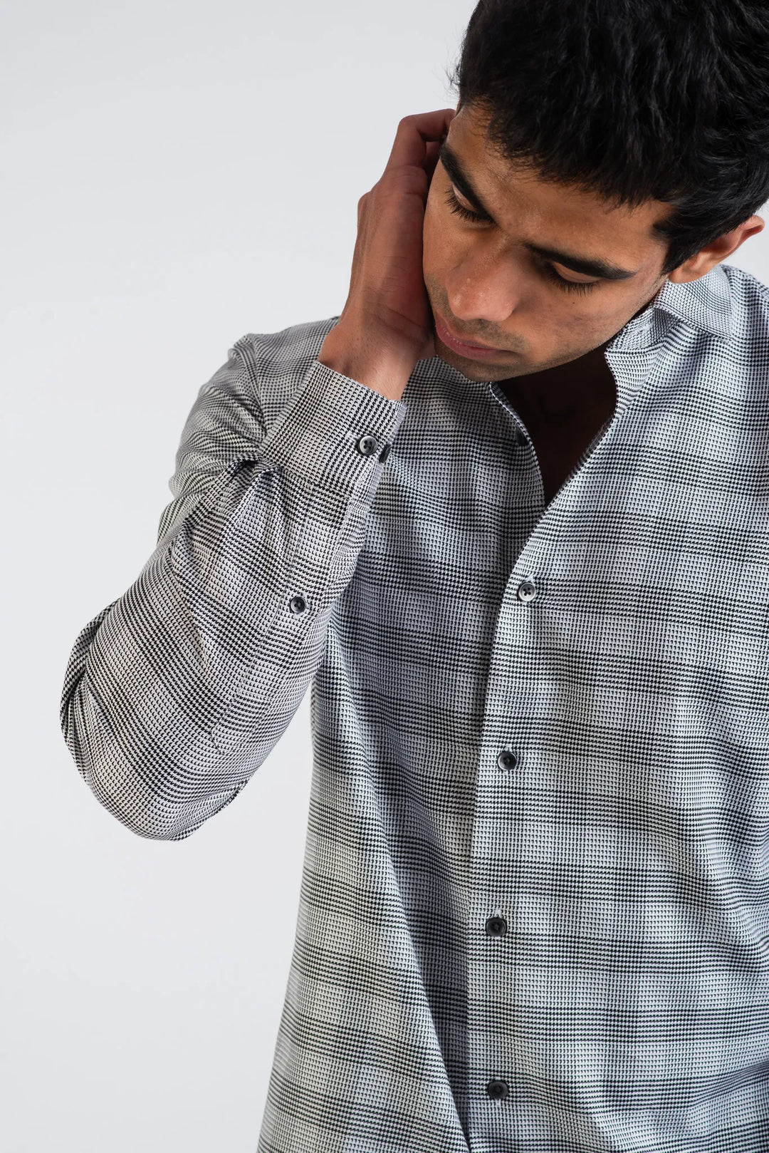 Giza Cotton Black White Birds Eye Plaid Long Sleeve Shirt for Men