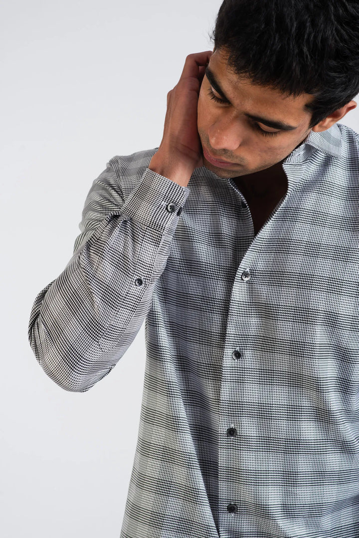 Giza Cotton Black White Birds Eye Plaid Long Sleeve Shirt for Men