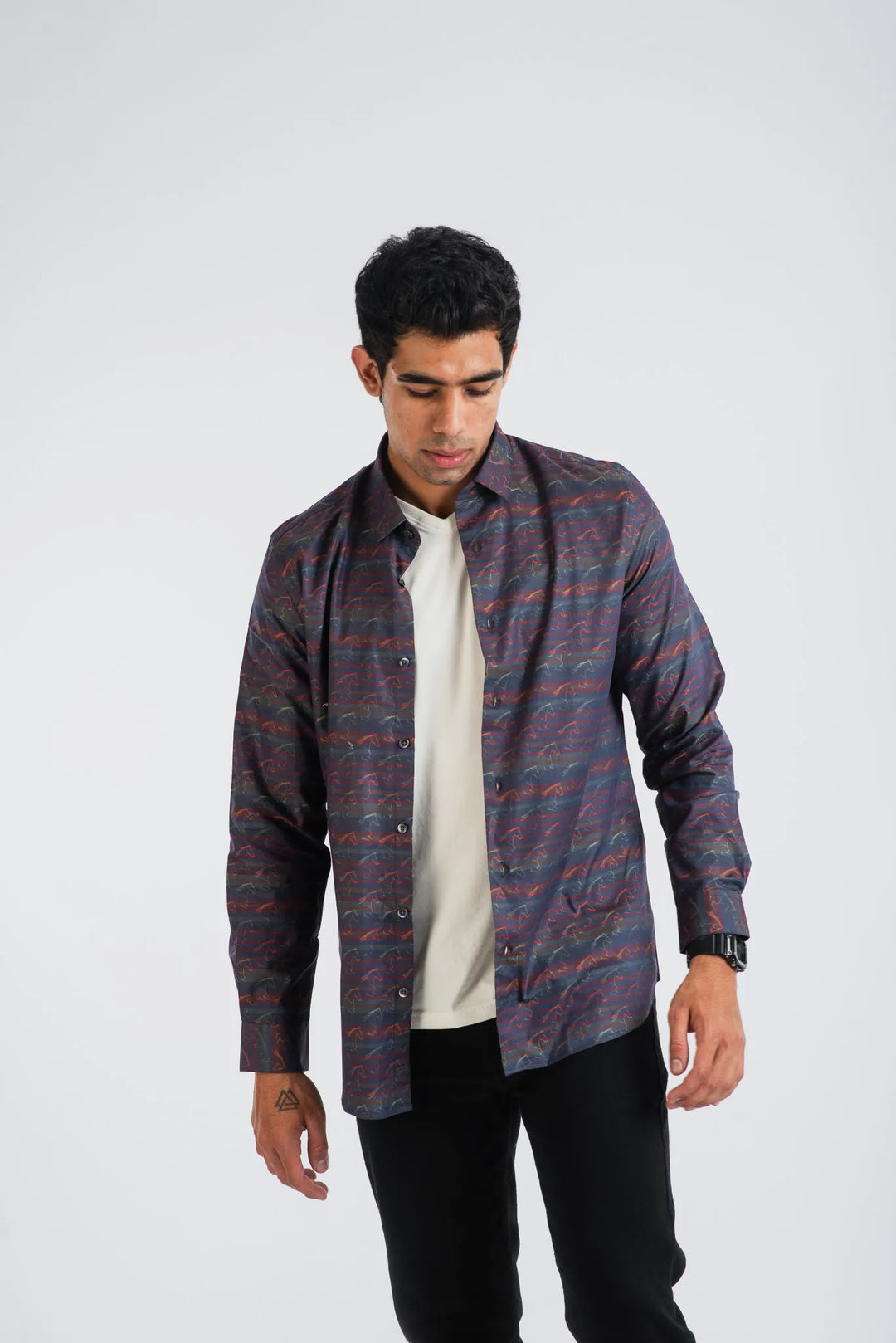 Giza Cotton Stripe Horse Textured Long Sleeve Shirt for Men