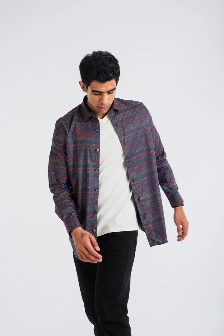 Giza Cotton Stripe Horse Textured Long Sleeve Shirt for Men