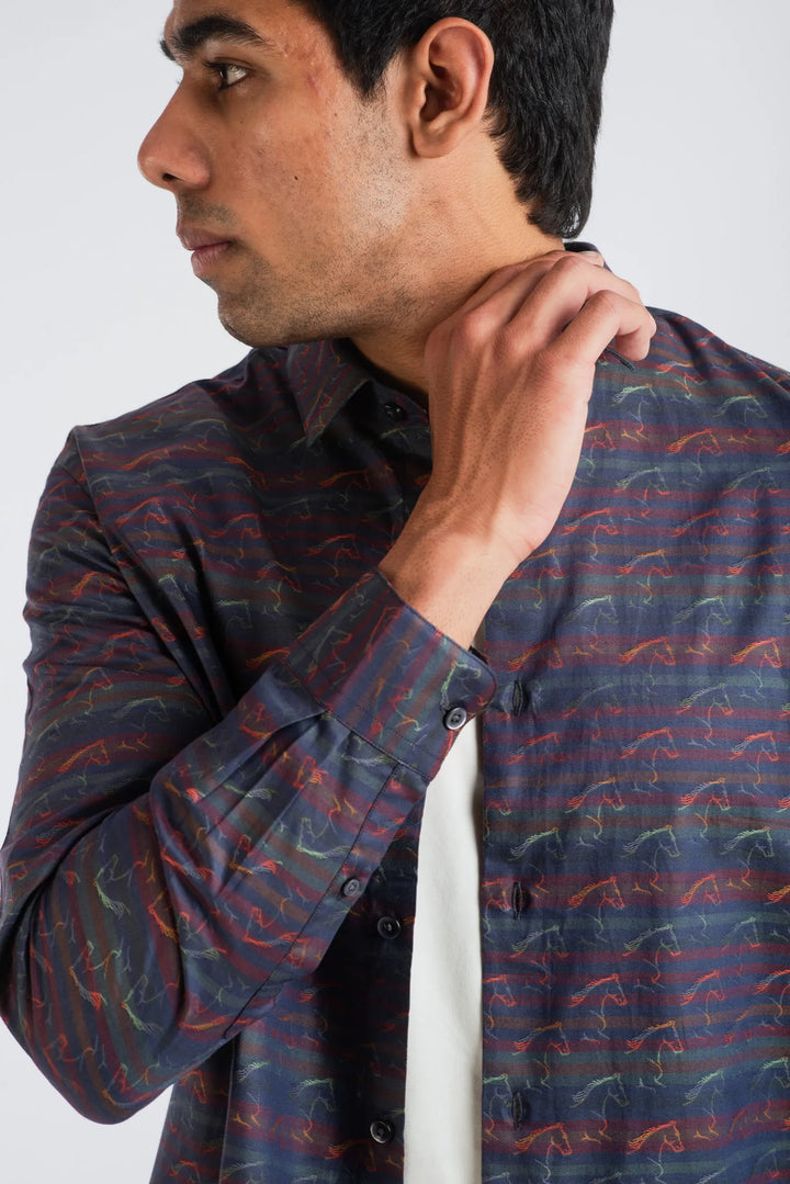 Giza Cotton Stripe Horse Textured Long Sleeve Shirt for Men
