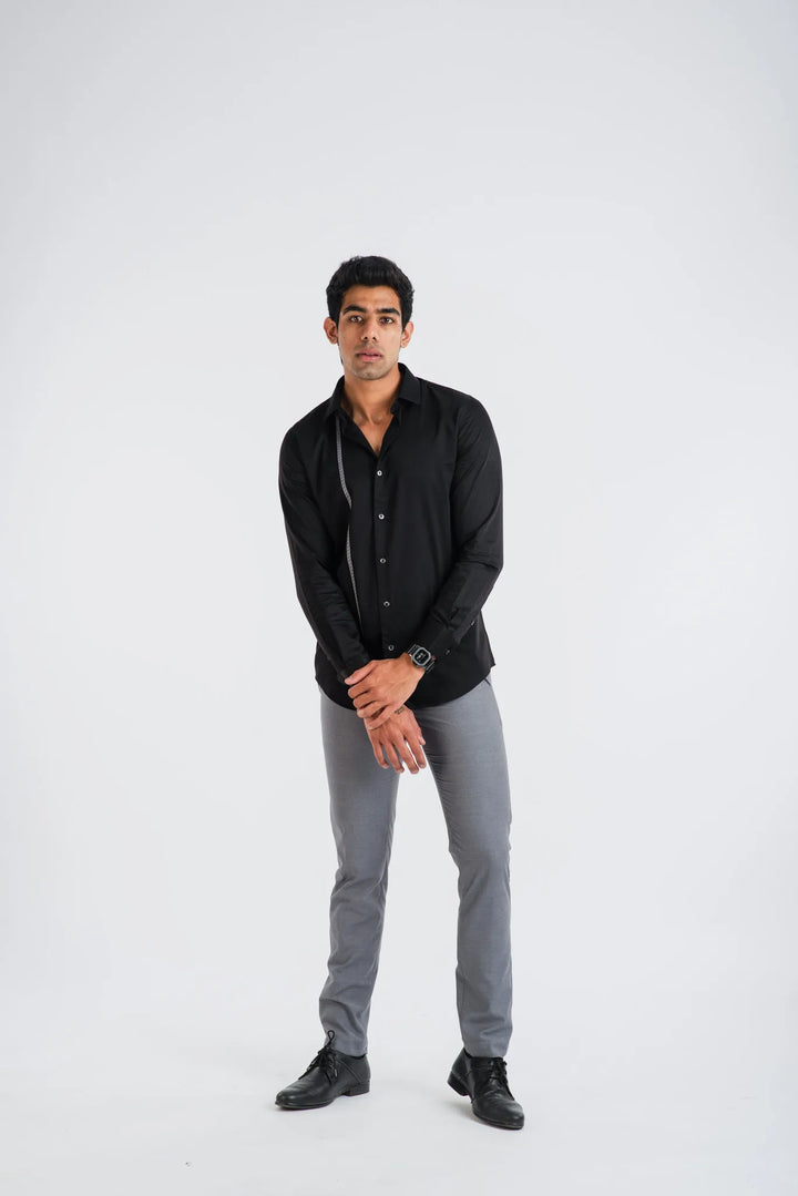 Giza Cotton Textured Silver Long Sleeve Shirt for Men