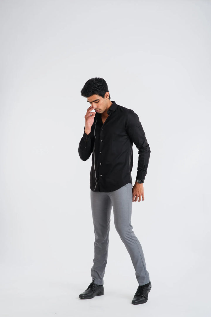 Giza Cotton Textured Silver Long Sleeve Shirt for Men