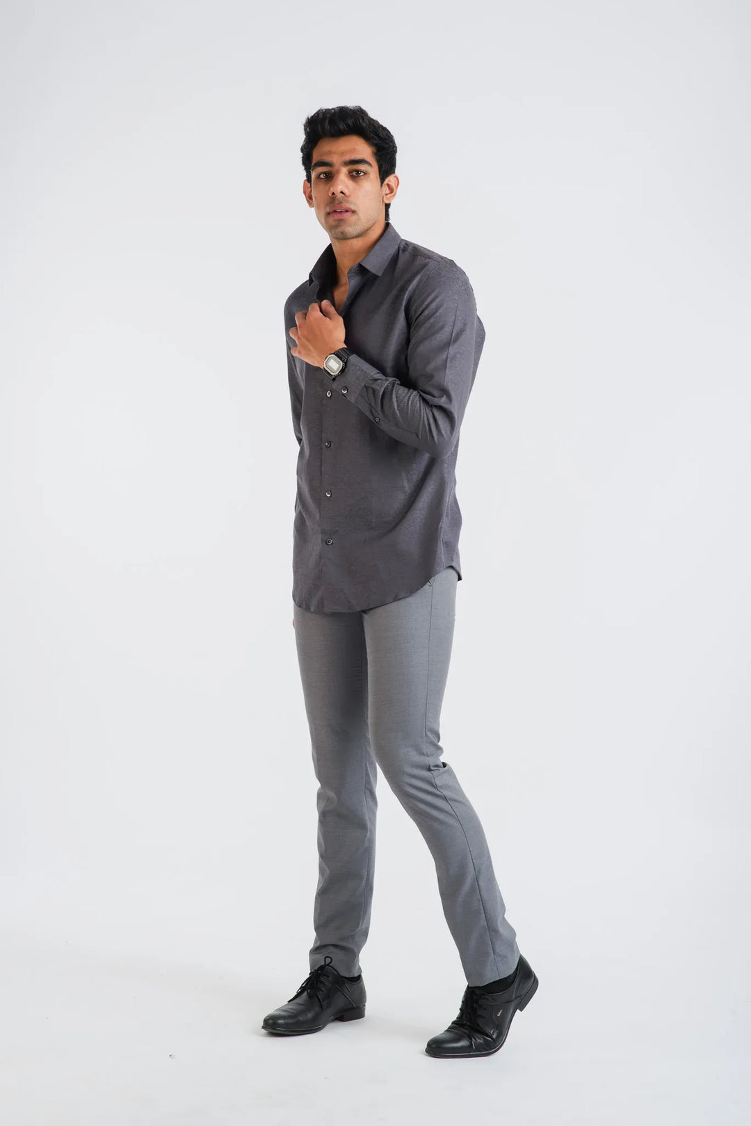 Giza Cotton Grey Classic Textured Long Sleeve Shirt for Men