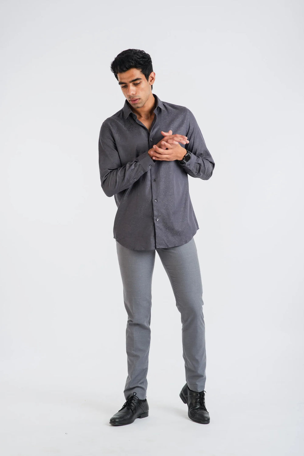 Giza Cotton Grey Classic Textured Long Sleeve Shirt for Men